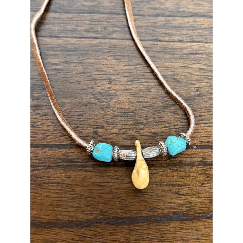 Southwestern Leather Cord Necklace with Turquoise Beads and Elk Tooth Pendant